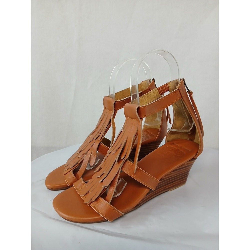 ELF Fly Away Handmade Genuine Leather Fringe Wedge Sandals Sz 5.5